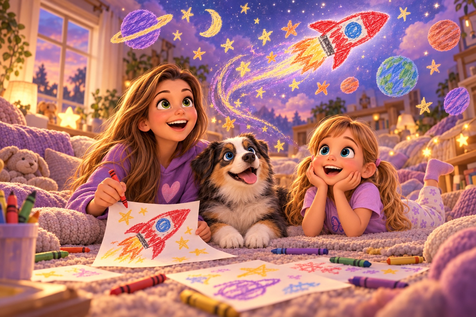A crayon rocket drawn by the older sister flies off the paper into a painted night sky while both sisters gasp.