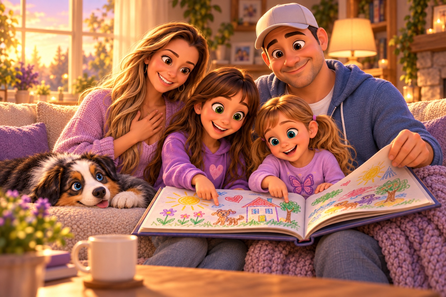 The whole family on the couch, looking at a printed keepsake book full of the girls' drawings.