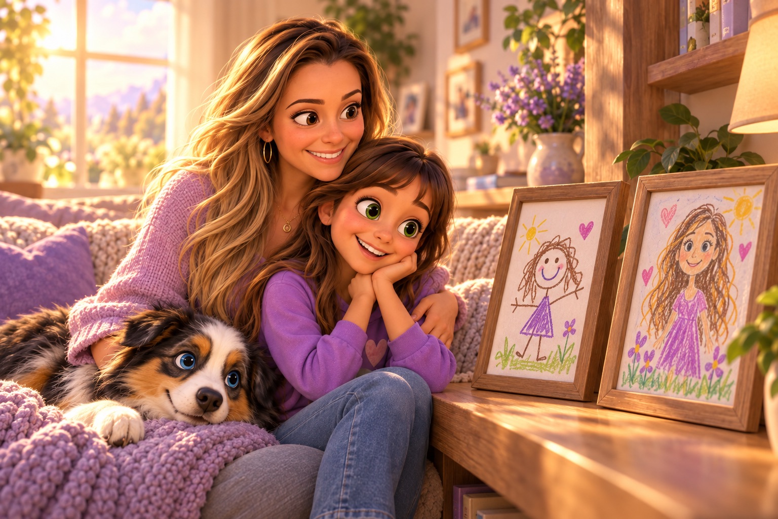 Mom and her older daughter look at two framed drawings of mom, one from age 4 and one from age 9.