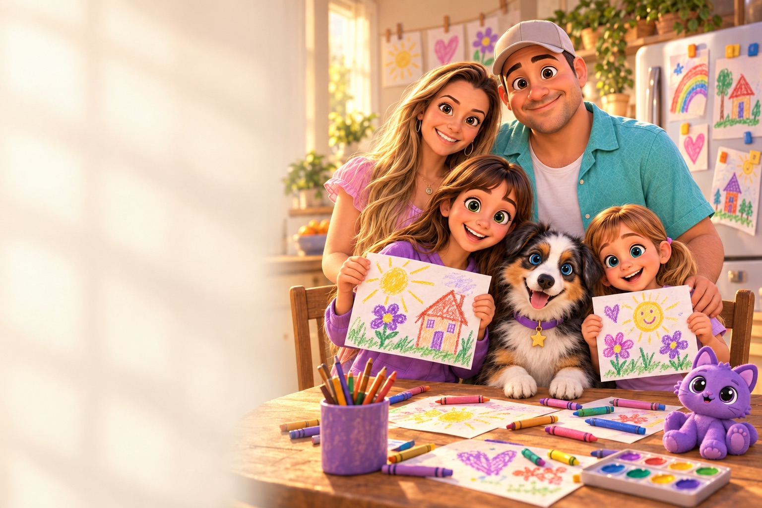 The Zupzi family at their kitchen table: two sisters hold up their crayon drawings while mom, dad and their puppy Blue smile behind them.