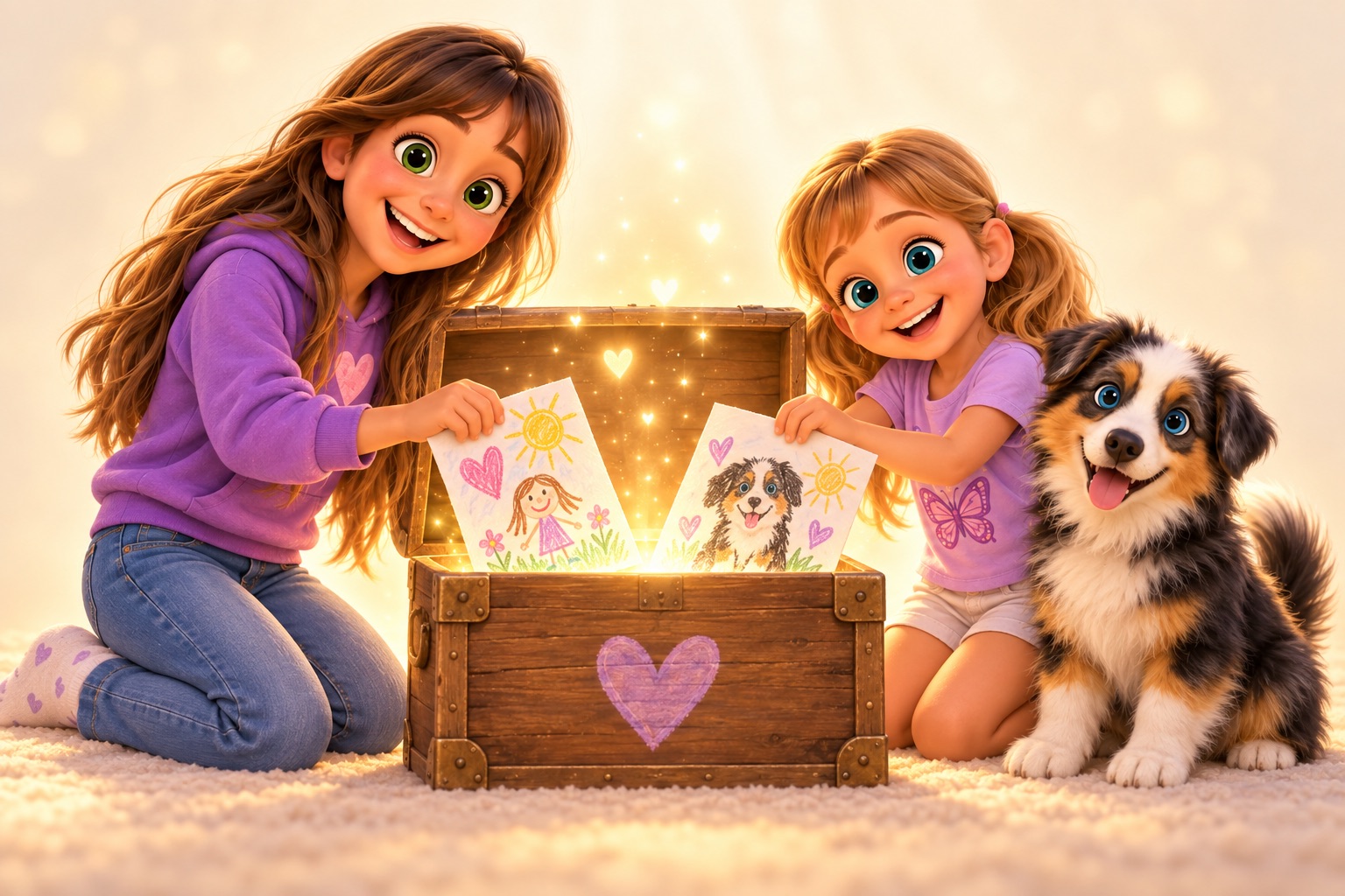 The two sisters place their drawings into a glowing wooden keepsake chest while Blue watches.