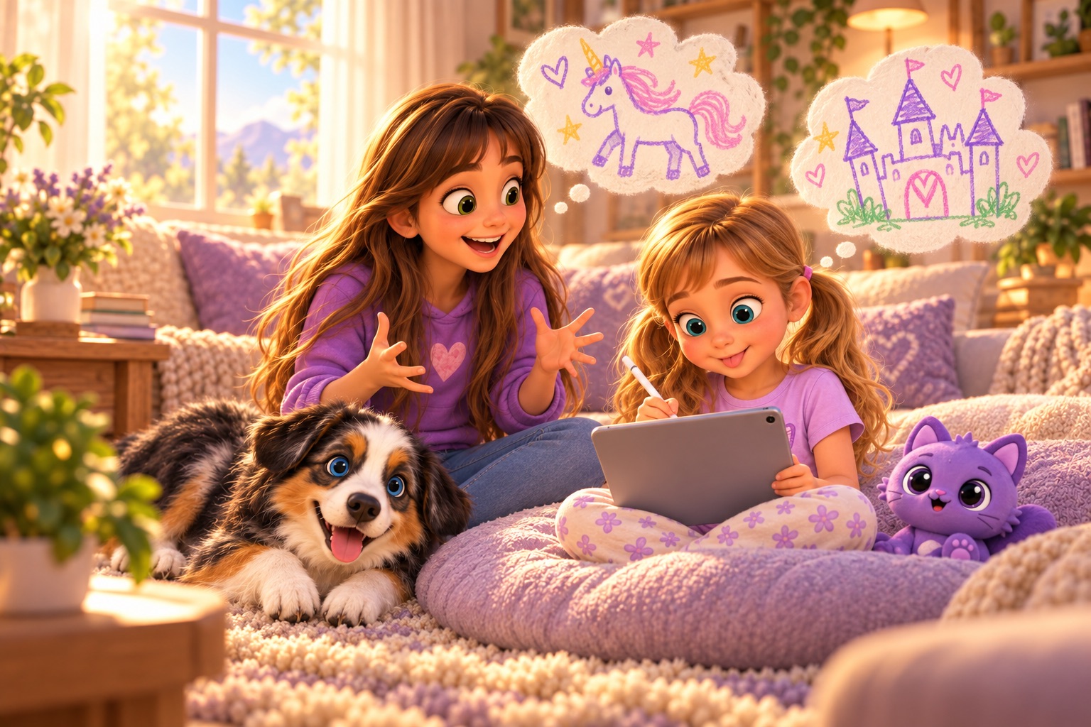 The younger sister draws on an iPad with an Apple Pencil while her big sister describes an idea.