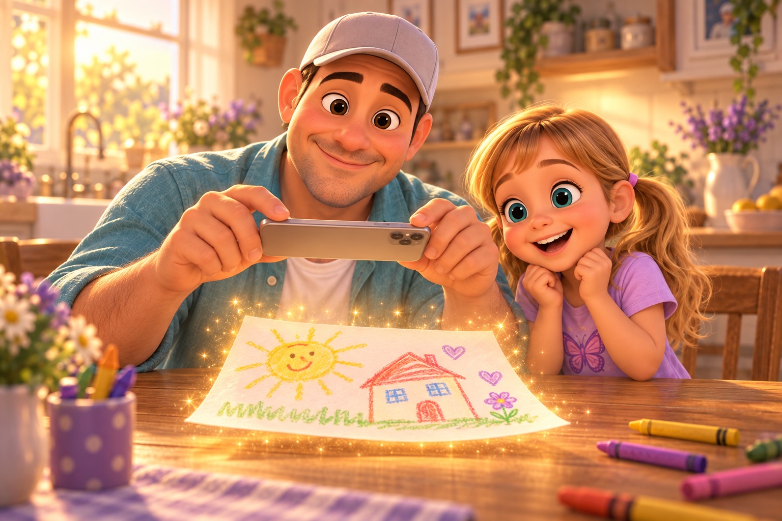 Dad photographs his younger daughter's crayon drawing while she watches, amazed.