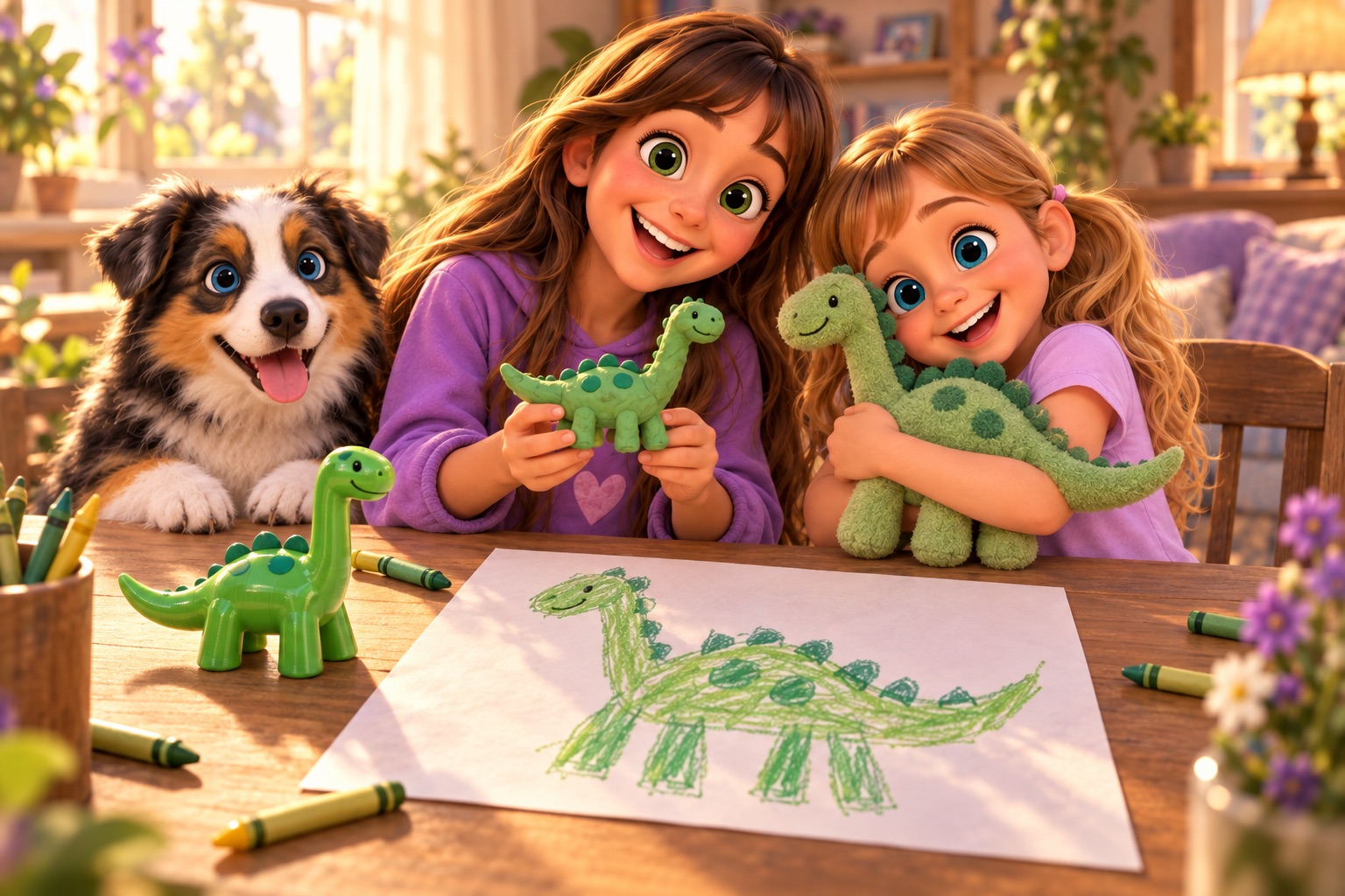 A crayon dinosaur next to its plush, clay and 3D toy versions; the younger sister hugs the plush one.