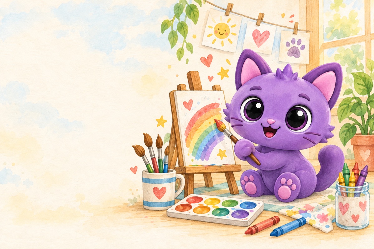 Zupzi's purple kitten painting a rainbow at an easel.