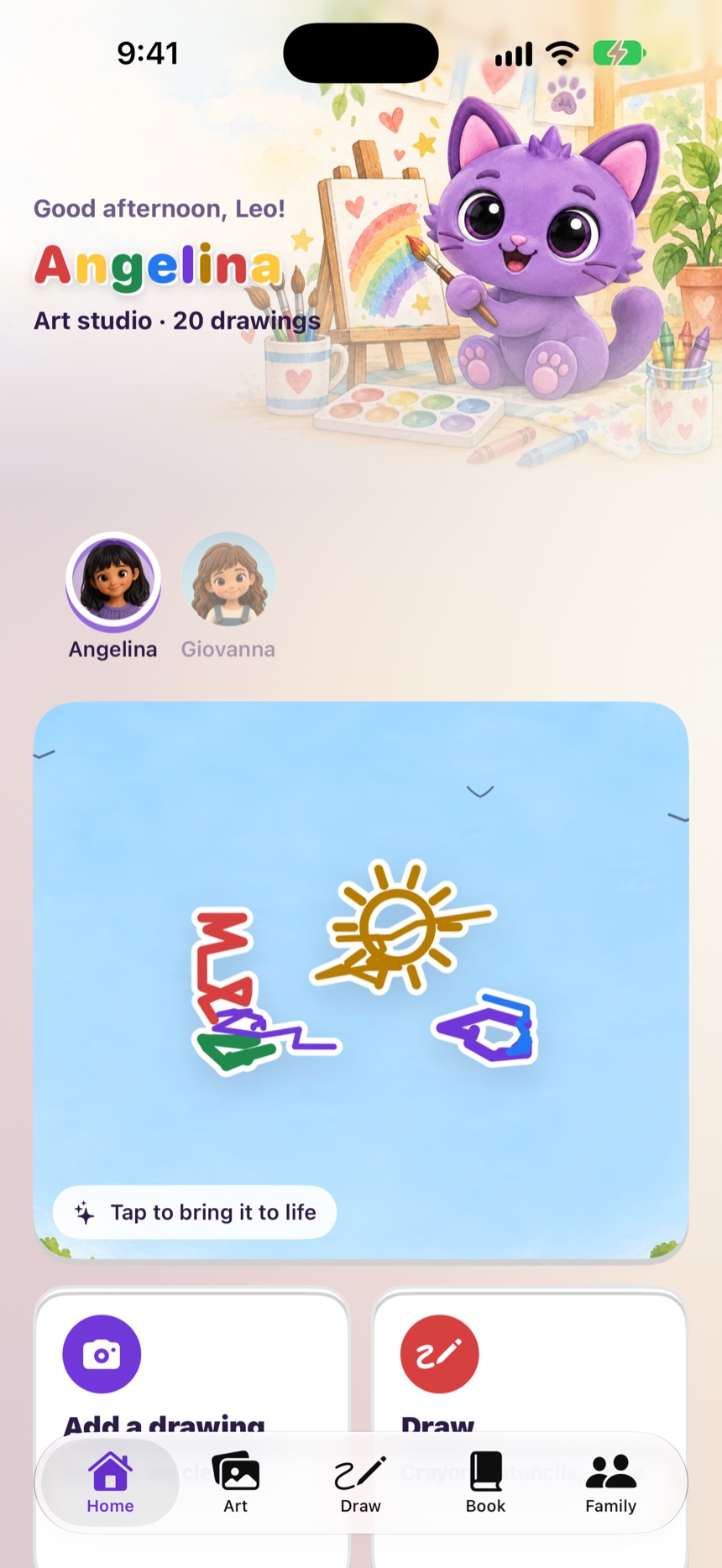 The Home screen: an artist's studio with the latest drawing ready to bring to life.