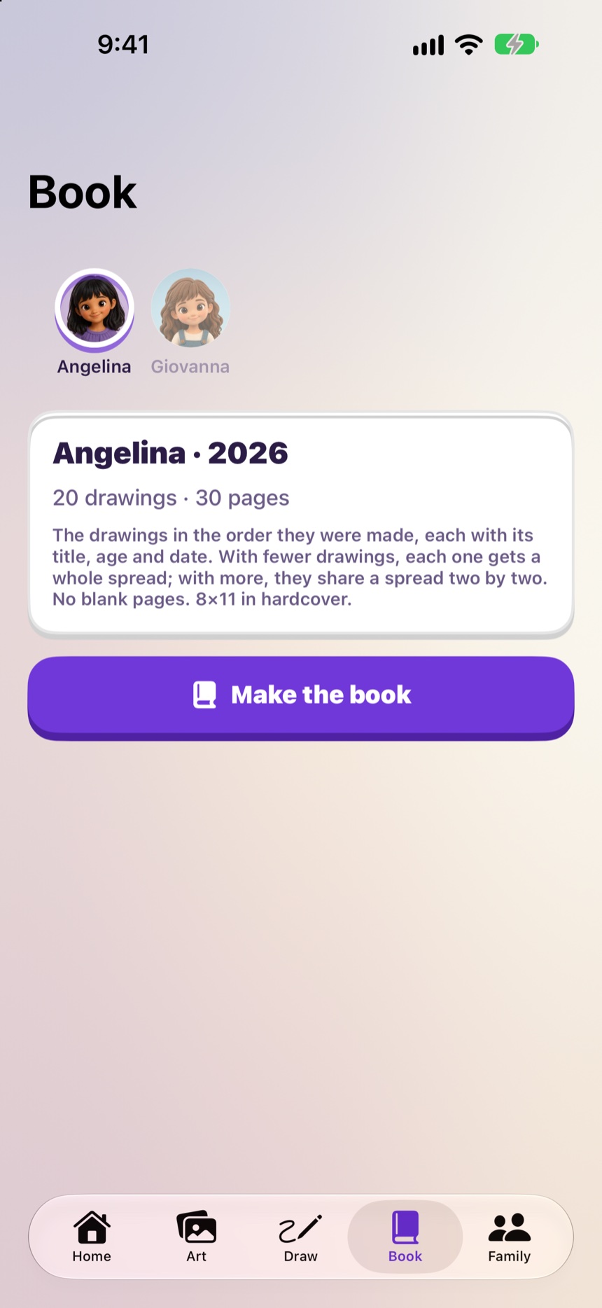 The Book tab: Angelina, 2026, 20 drawings, 30 pages, ready to make the book.