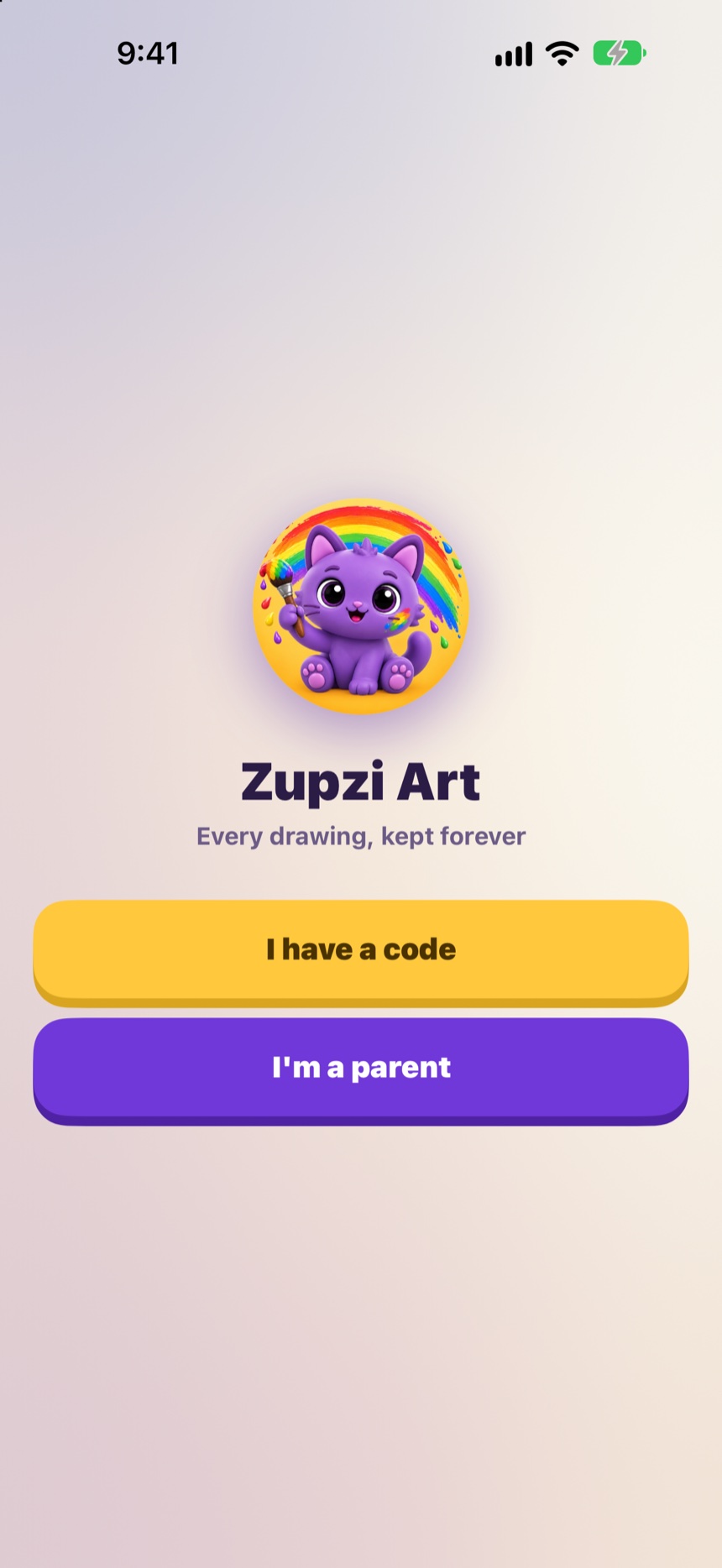 The Zupzi Art welcome screen with the purple kitten painter.